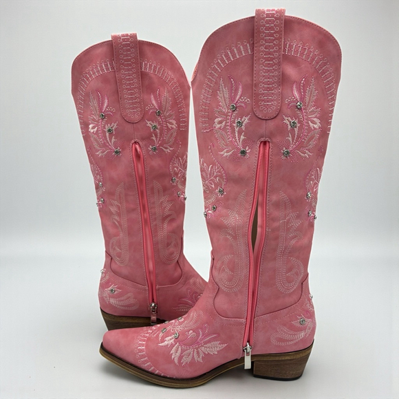 Wide Calf Pink Embroidered Rhinestone Cowboy Boots Knee High Snip Toe 8.5 NWB - Picture 6 of 16